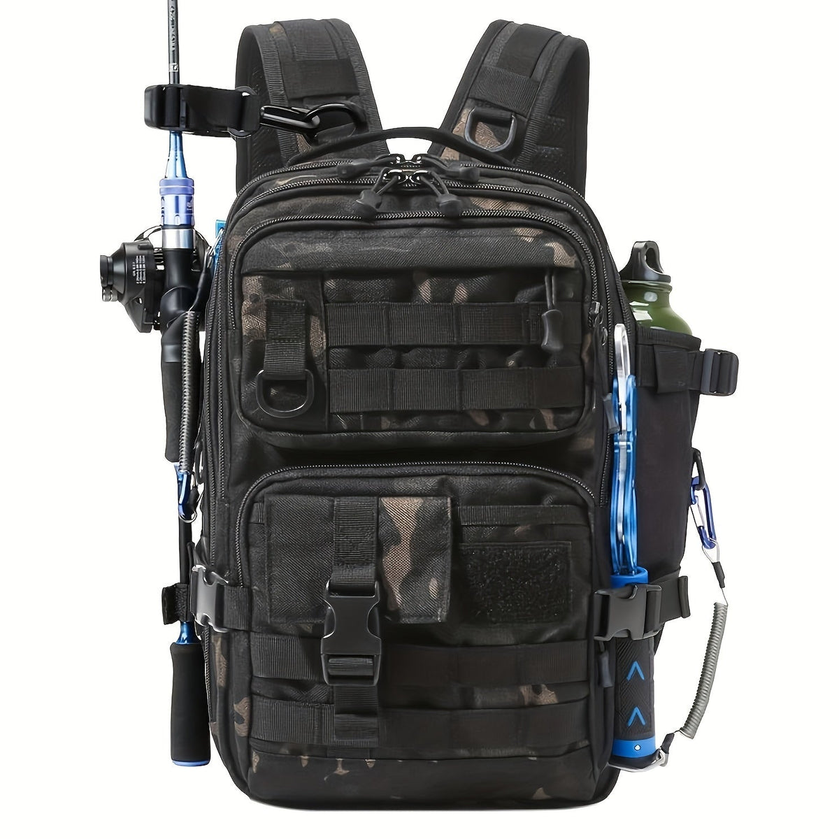 Angel backpack with rod holder & transparent compartments