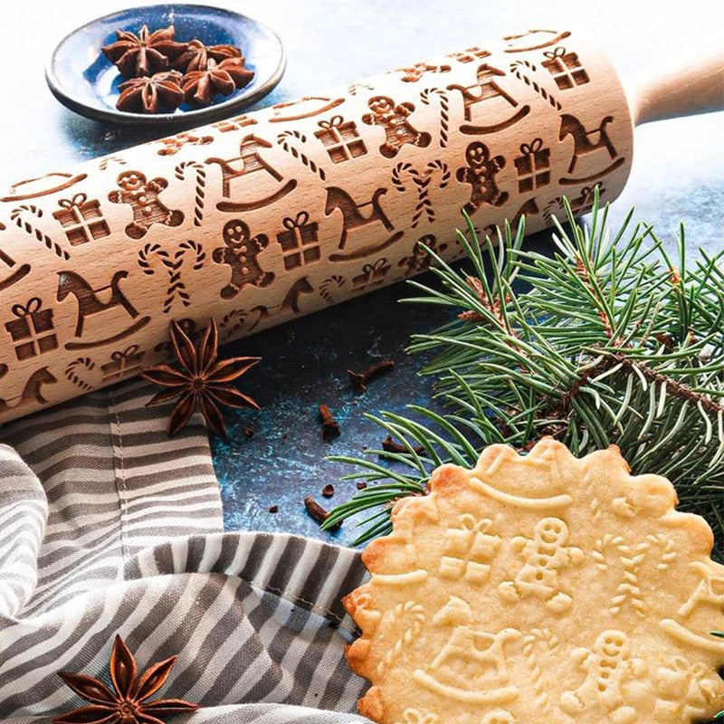 Patterned Rolling Pin with Christmas Cookie Cutters