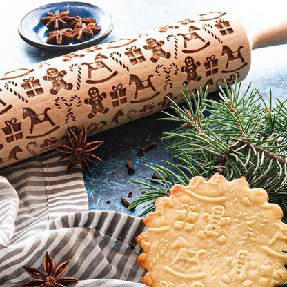 Patterned Rolling Pin with Christmas Cookie Cutters
