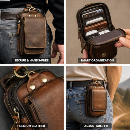 Full-grain cowhide leather belly bag with magnetic flap and zipper