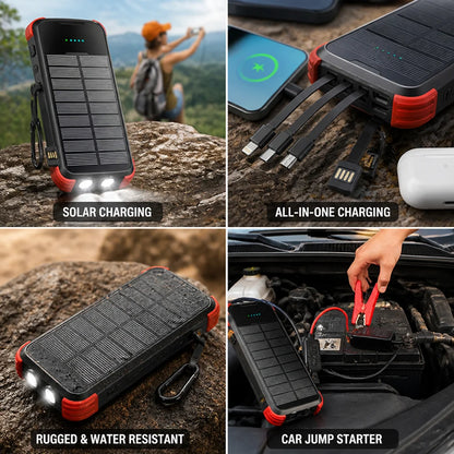 Solar-Powered High-Capacity Power Bank (Integrated Multi Charging Cables & Jump Starter)