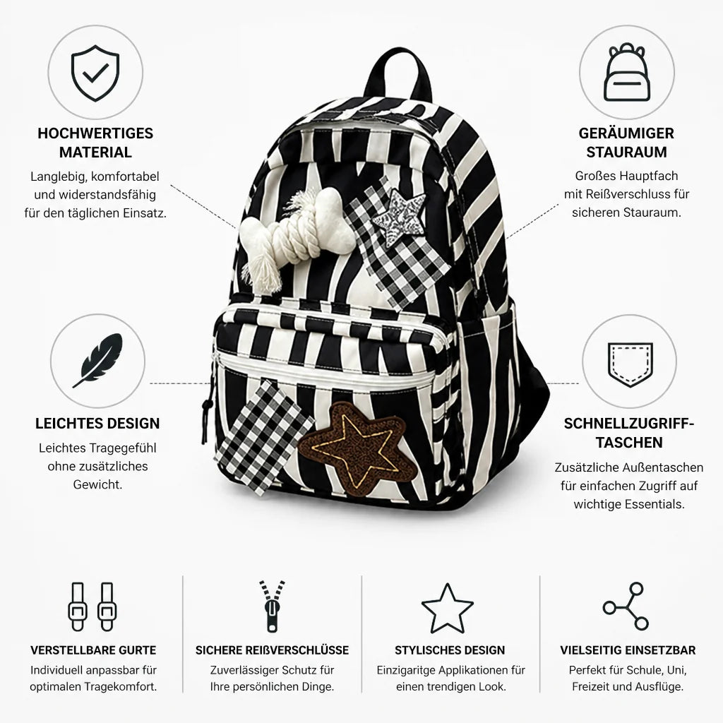 Star & Bone Appliqué Backpack with Multiple Pockets