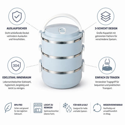 Stainless Steel Interior & Leak-Proof 3-Layer Lunch Box