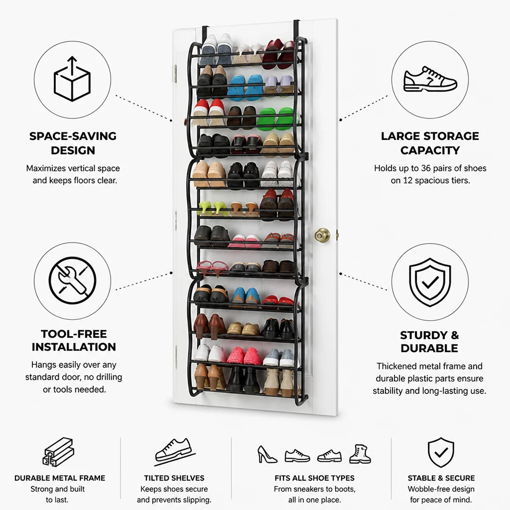 Space-saving, tool-free metal shoe rack for hanging on the door