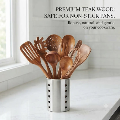 Teak Kitchen Utensil Set 11-Piece with Holder