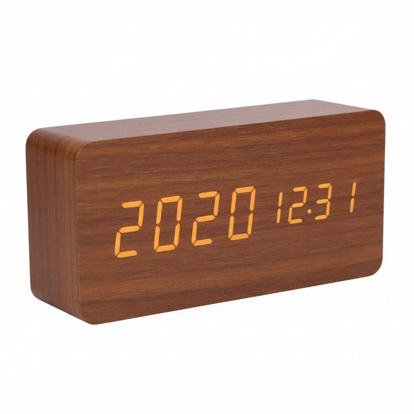 LED Alarm Clock Wood Look with 3 Alarms & Temperature