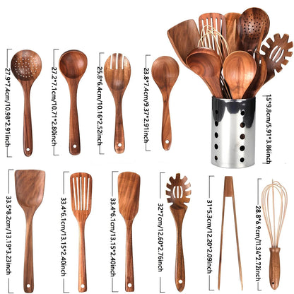 Teak Kitchen Utensil Set 11-Piece with Holder