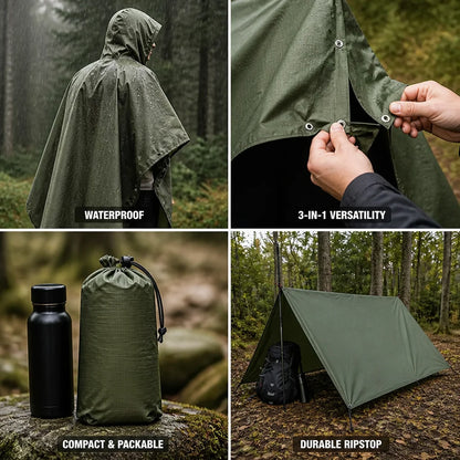 3-in-1 Waterproof Ripstop Rain Poncho