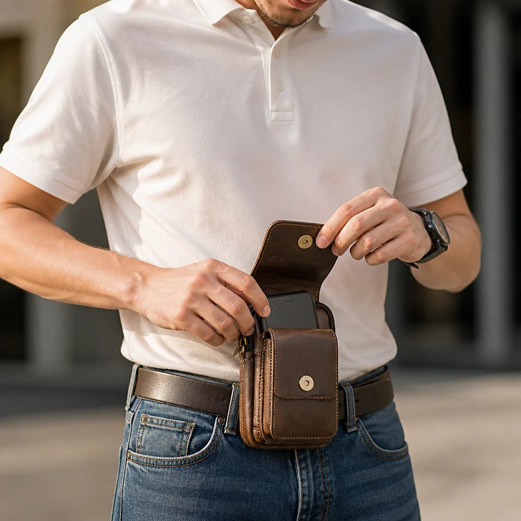 Full-grain cowhide leather belly bag with magnetic flap and zipper