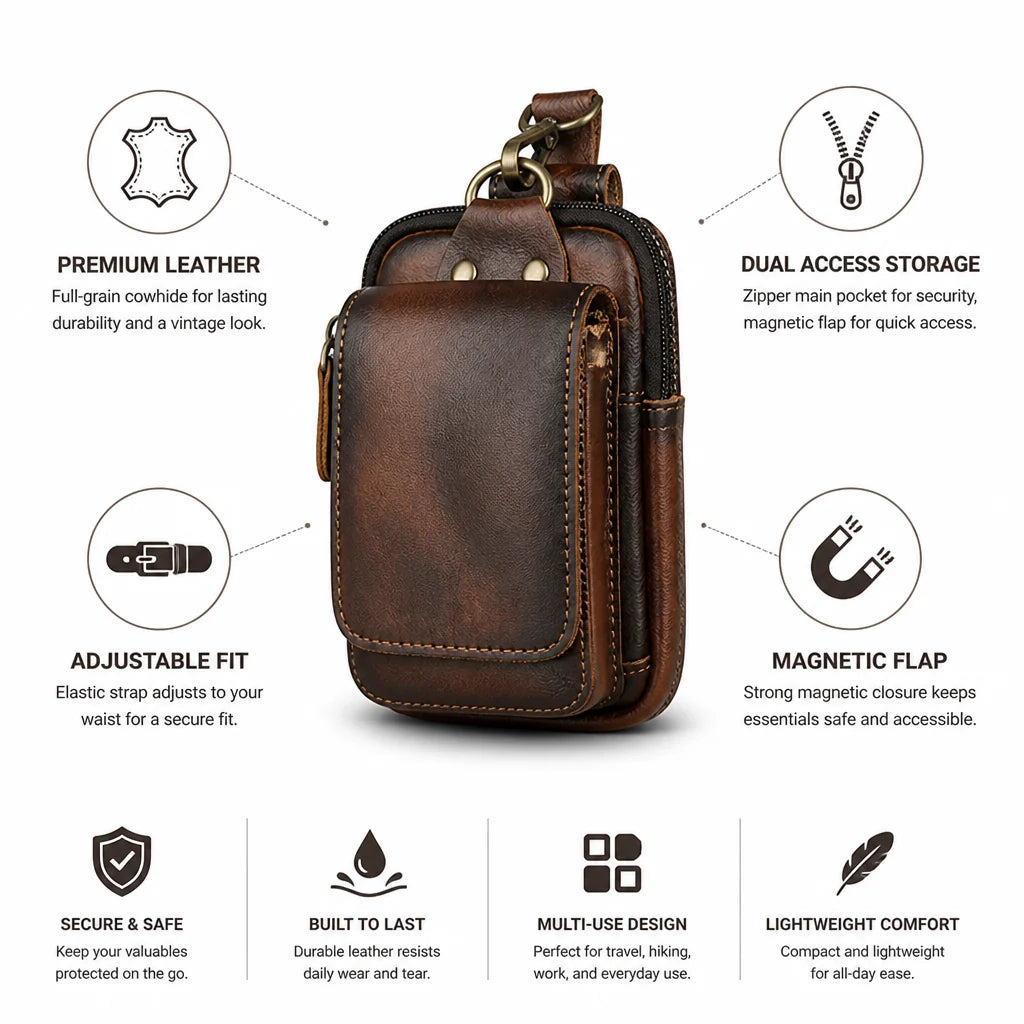 Full-grain cowhide leather belly bag with magnetic flap and zipper