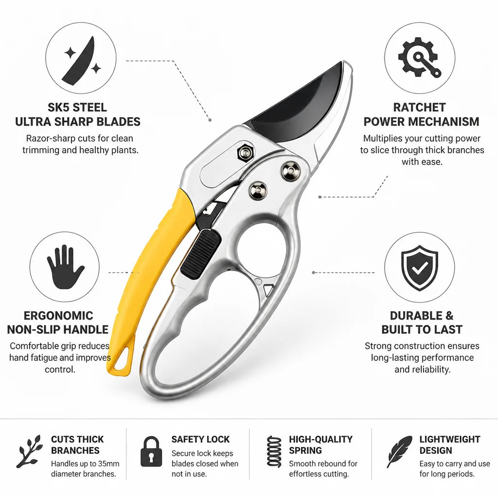 SK5 Steel Energy-Saving Ratchet Garden Pruner (Ergonomic Non-Slip Handle)