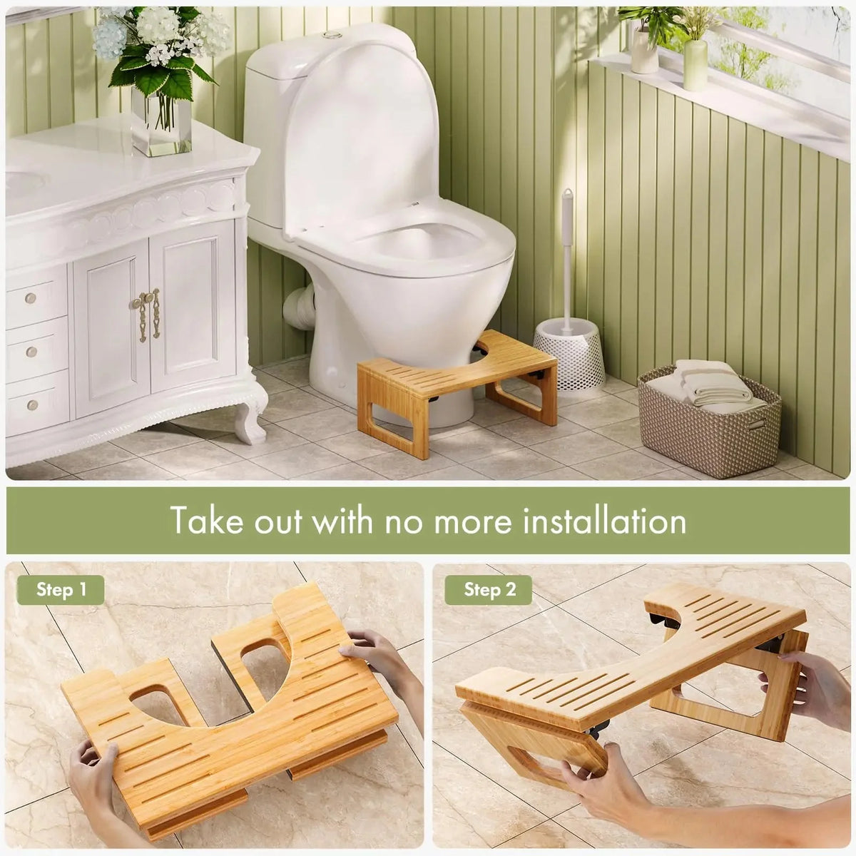 Bamboo Folding Toilet Stool with Anti-Slip