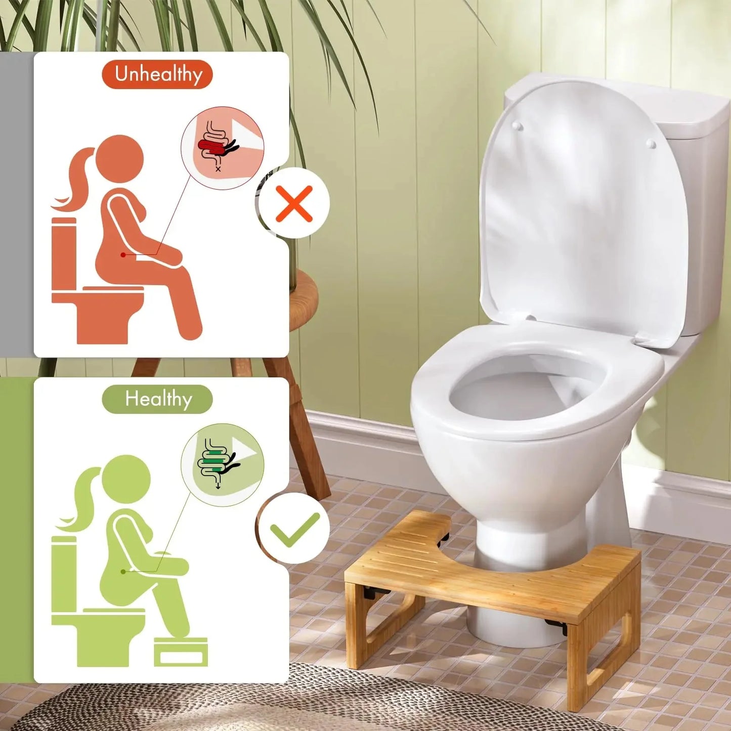 Bamboo Folding Toilet Stool with Anti-Slip