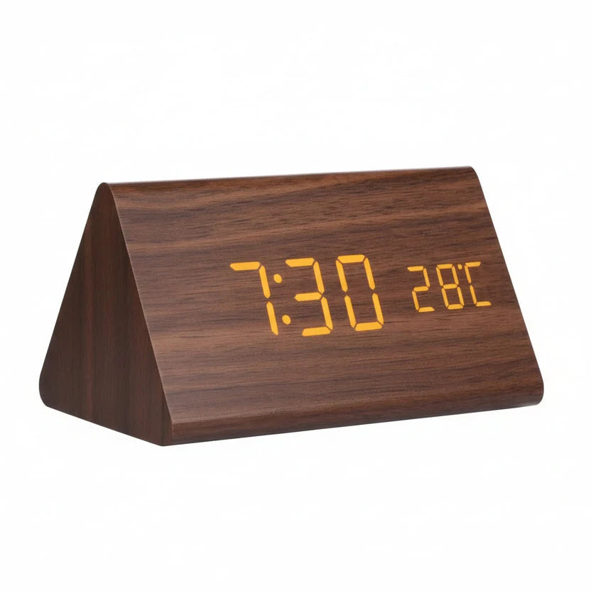 LED Alarm Clock Wood Look with 3 Alarms & Temperature