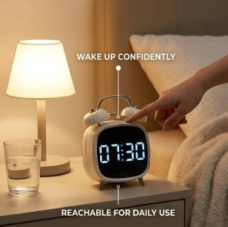 Digital alarm clock with classic twin bell