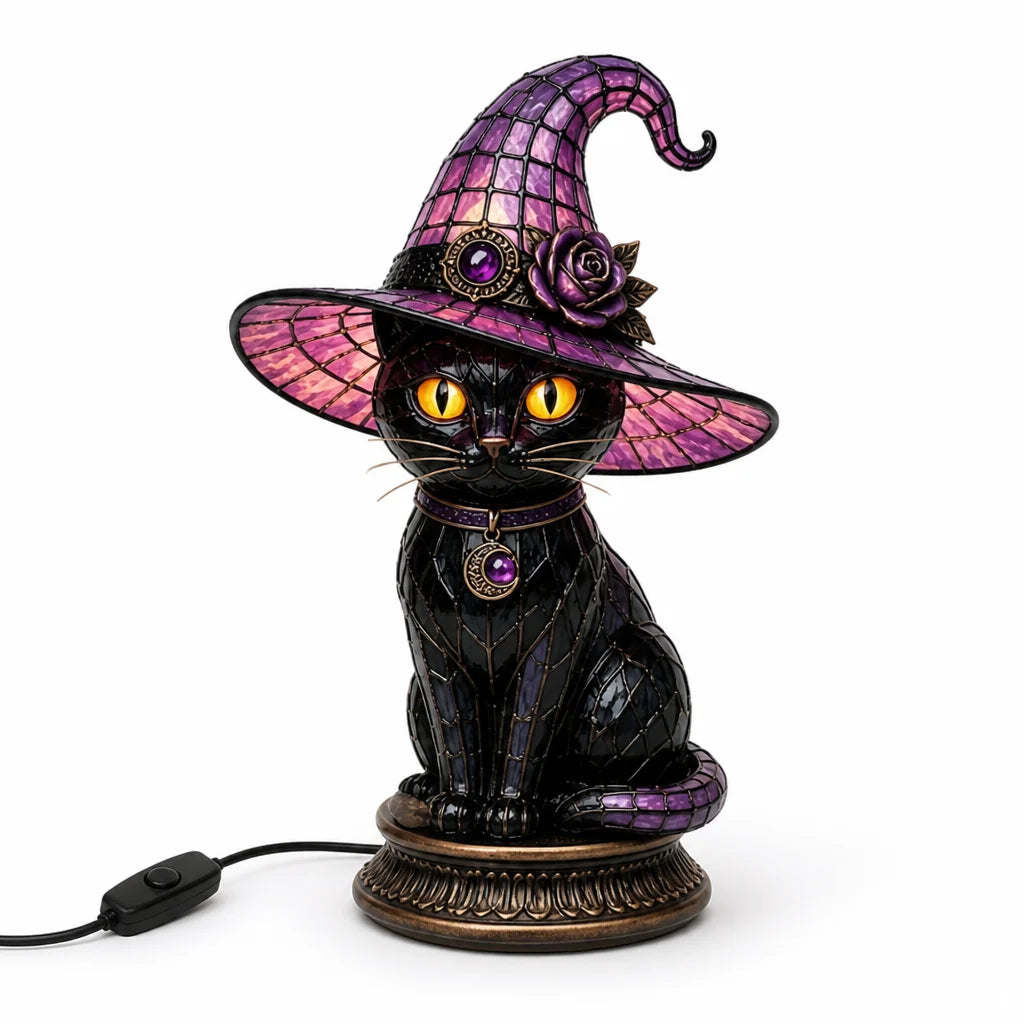 Table lamp with stained glass look, gothic witch cat