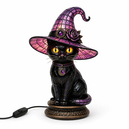 Table lamp with stained glass look, gothic witch cat