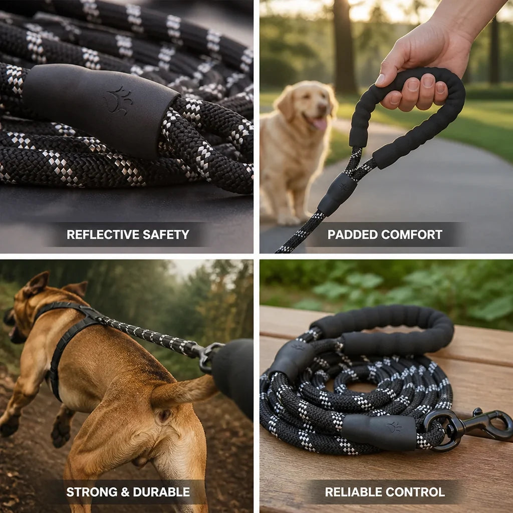 Reinforced Nylon Handle with Padding & Reflective Edge Dog Leash (for Strong Dogs)