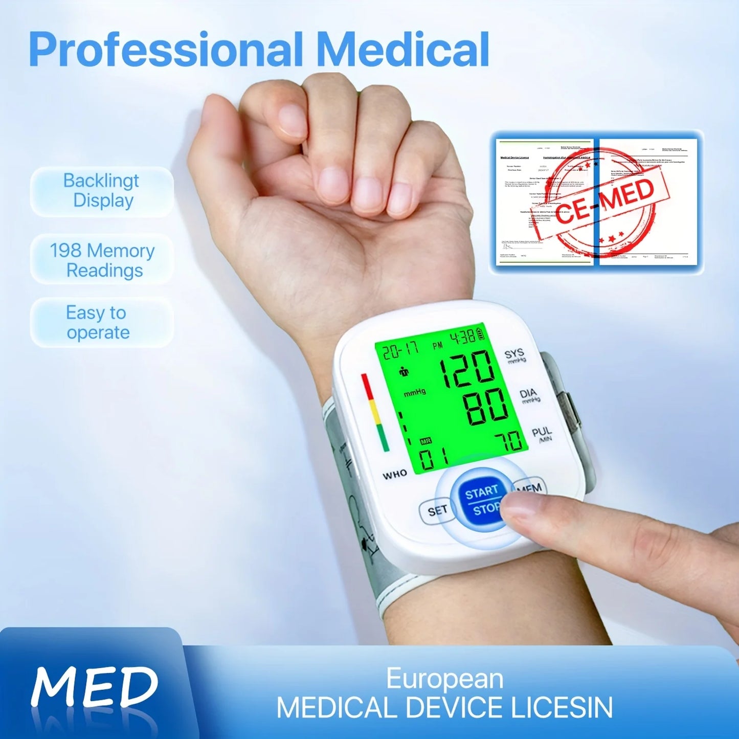 Wrist Blood Pressure Monitor with Backlit Display