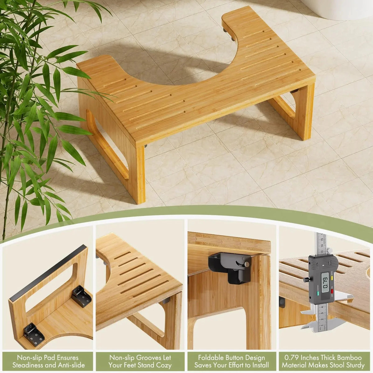 Bamboo Folding Toilet Stool with Anti-Slip