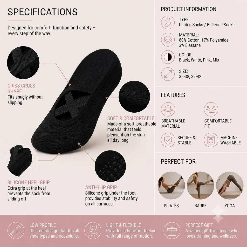 Pilates Socks with Non-Slip Grips – Set of 3