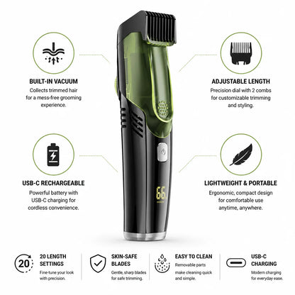 Integrated Vacuum USB-C Rechargeable Beard Trimmer (Adjustable Rotary Knob & 2 Combs)