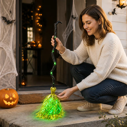 Motorized Green LED Witch Broom Decoration