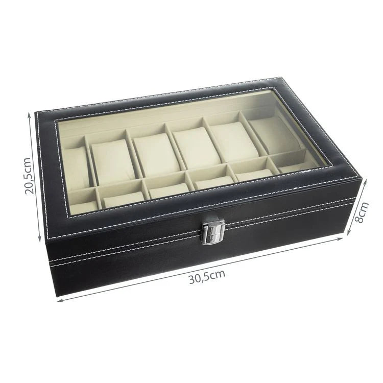 Watch Box 12 Compartments with Glass Lid – Black