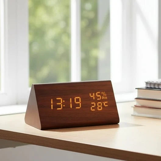 LED Alarm Clock Wood Look with 3 Alarms & Temperature