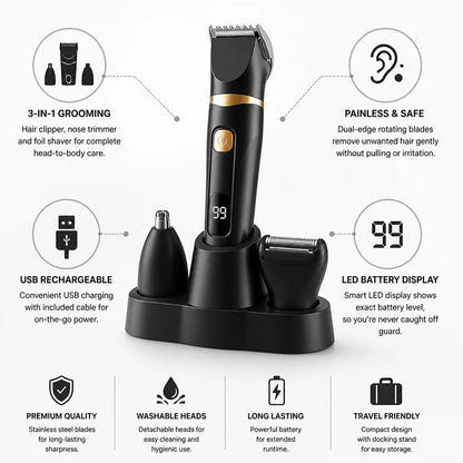USB Rechargeable 3-in-1 Nose, Ear, and Body Trimmer