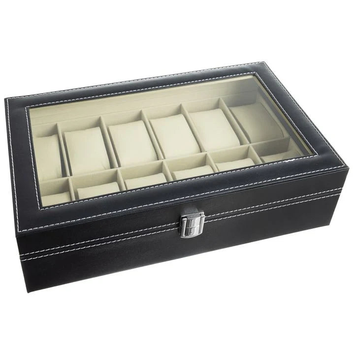 Watch Box 12 Compartments with Glass Lid – Black