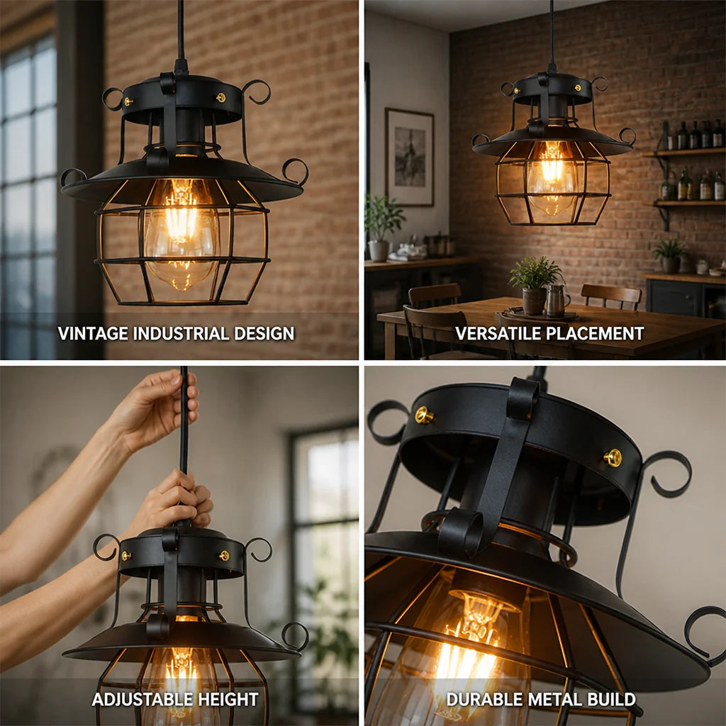 Vintage Industrial Pendant Light with Open Metal Cage (Adjustable Cable)