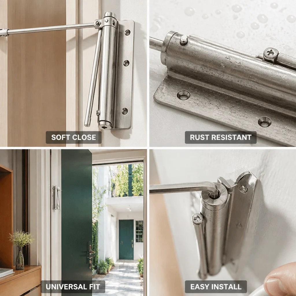 Quiet stainless steel door damper with soft-close function