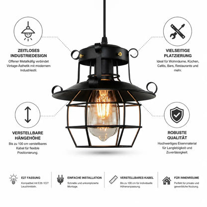 Vintage Industrial Pendant Light with Open Metal Cage (Adjustable Cable)