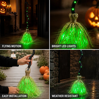 Motorized Green LED Witch Broom Decoration
