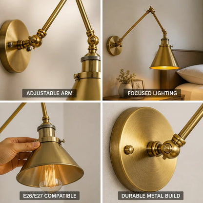 Adjustable Wall Lamp with Swivel Arm in Antique Brass