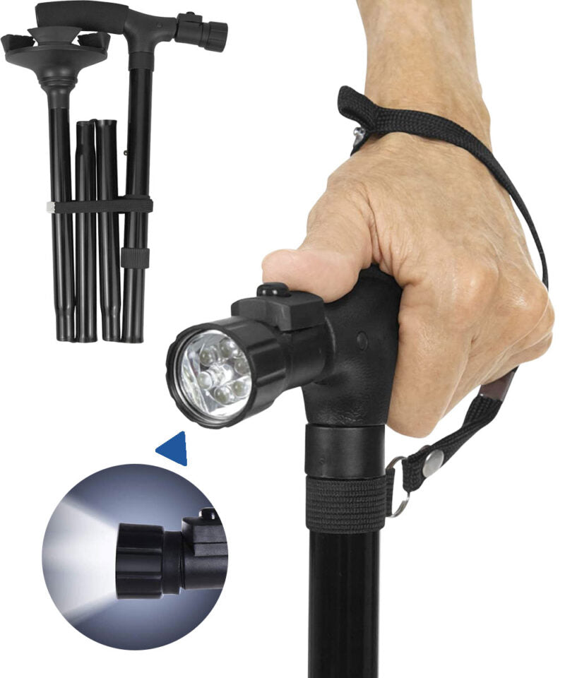 Adjustable Walking Cane with 4-Point Base & LED Light