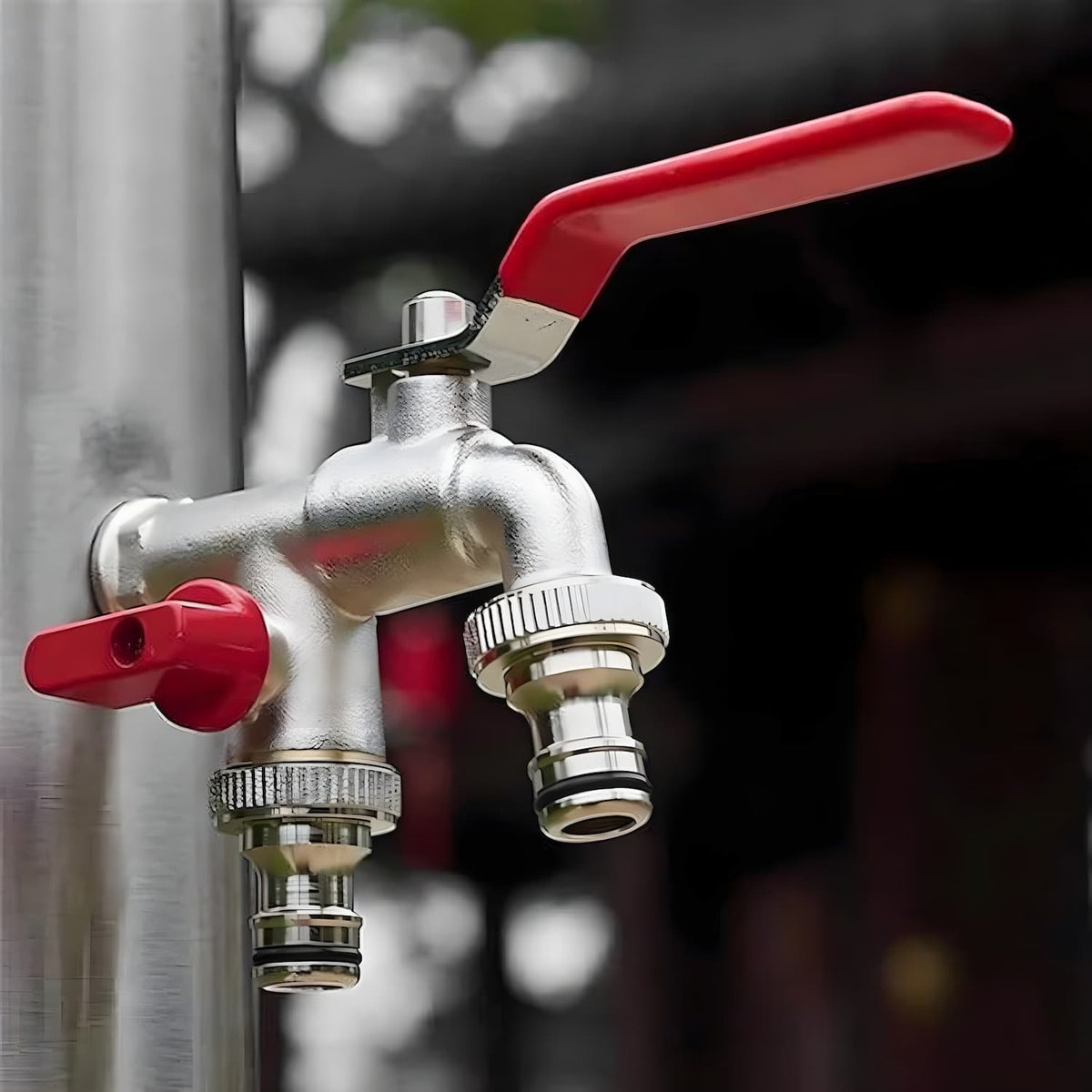 Double stainless steel water tap with 2 outlets
