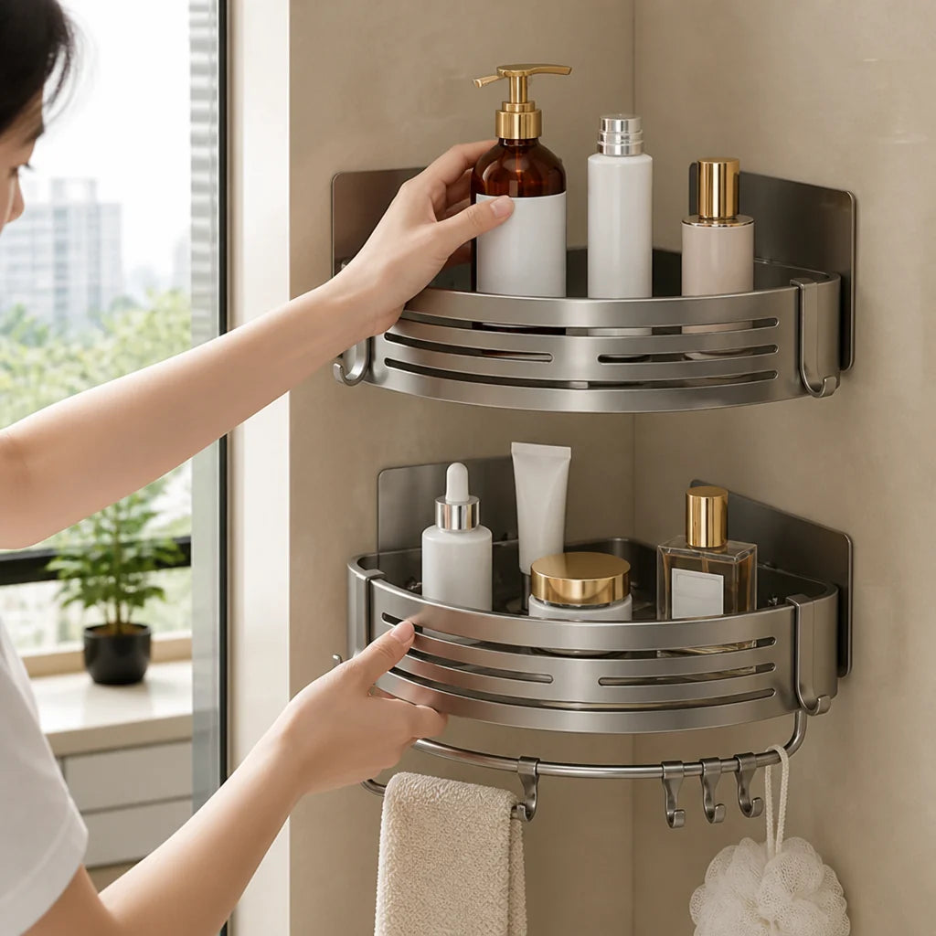 Rust-Resistant Aluminum Corner Shower Shelf without Drilling (90° Corner)