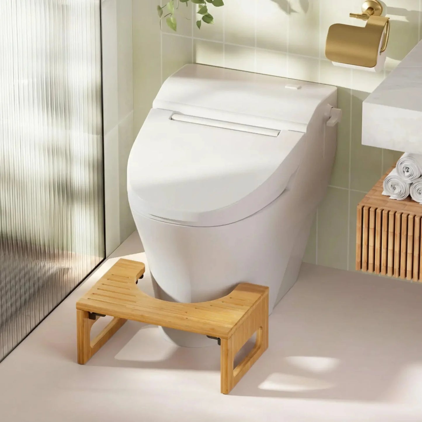 Bamboo Folding Toilet Stool with Anti-Slip