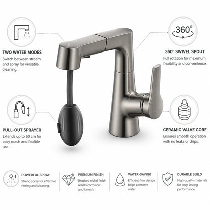 Extendable 360° Rotatable Single-Hole Faucet with Ceramic Valve