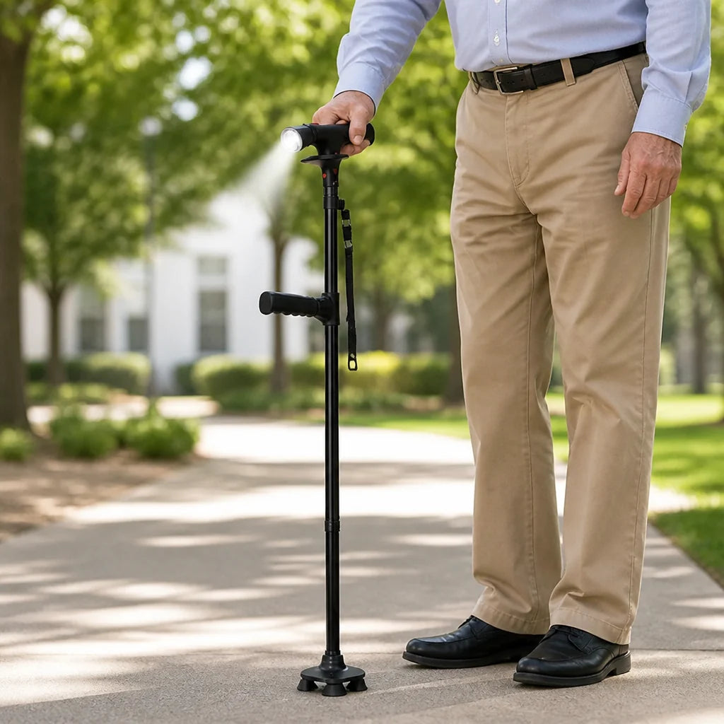 Lightweight Aluminum 4-Point Folding Cane (LED & Alarm)