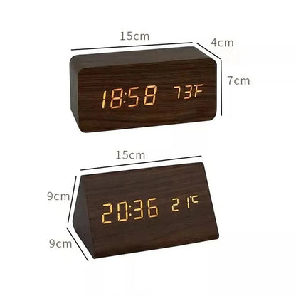 LED Alarm Clock Wood Look with 3 Alarms & Temperature