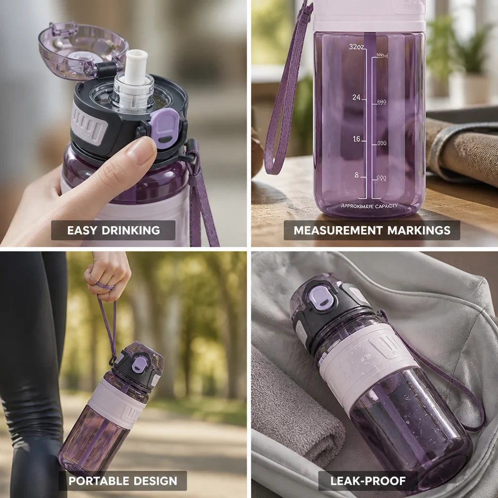 Leak-proof Sports Water Bottle with Screw Cap and Integrated Straw