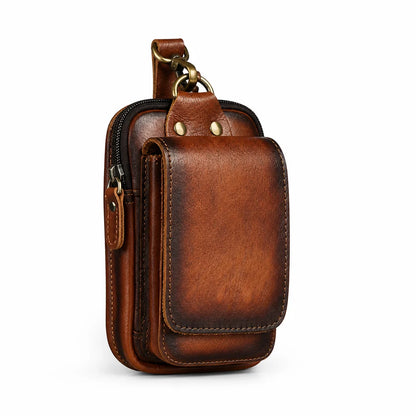 Full-grain cowhide leather belly bag with magnetic flap and zipper