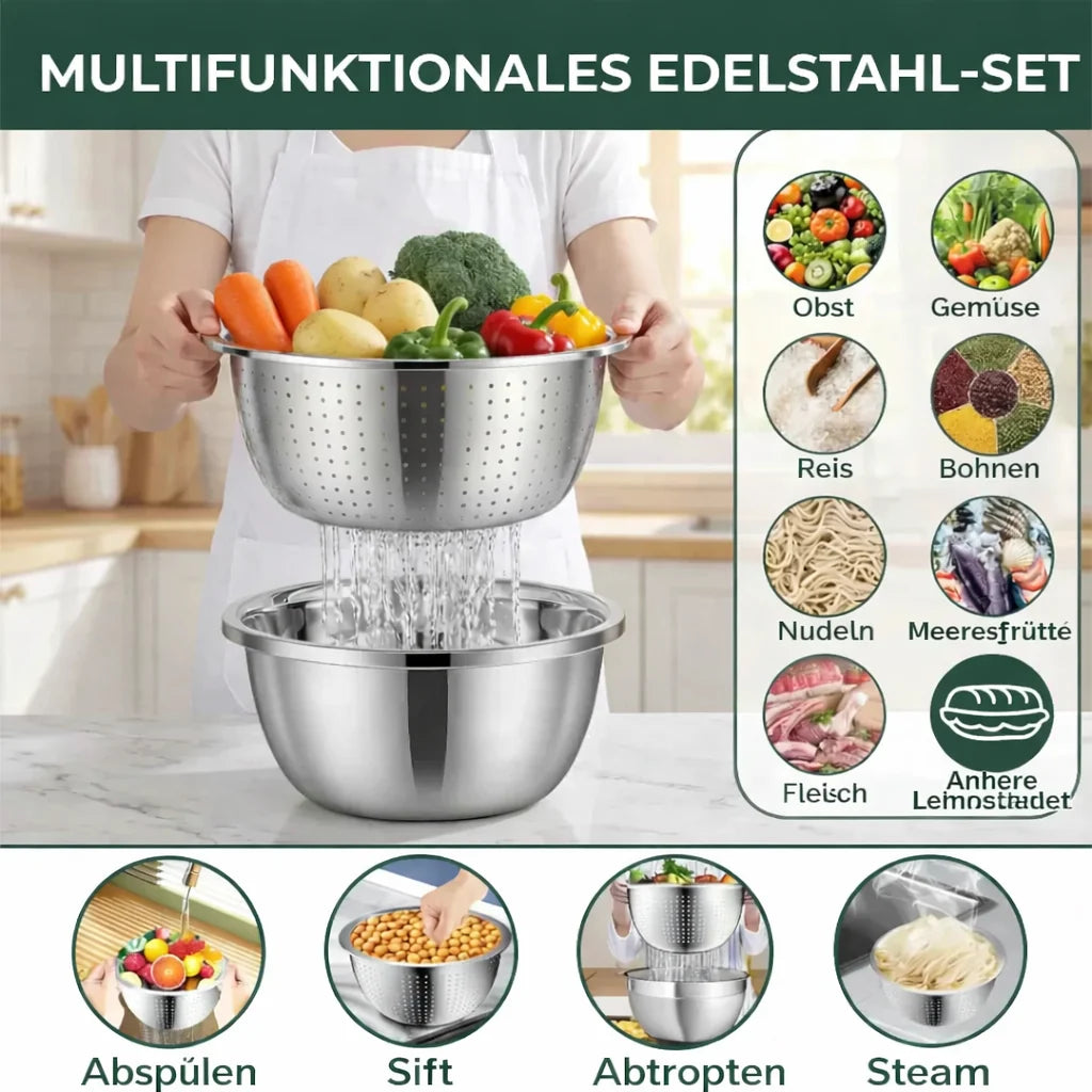 3-in-1 Stainless Steel Mixing Bowl Set with Grater and Sieve
