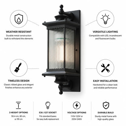 Weatherproof Metal Ribbed Glass Outdoor Wall Light (Hardwired)