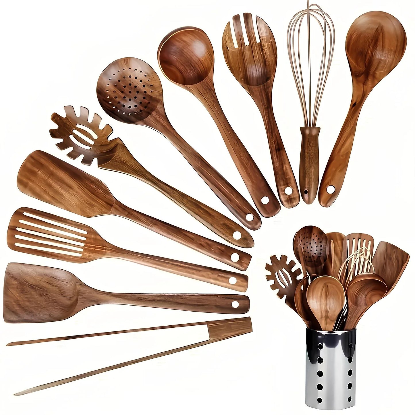 Teak Kitchen Utensil Set 11-Piece with Holder