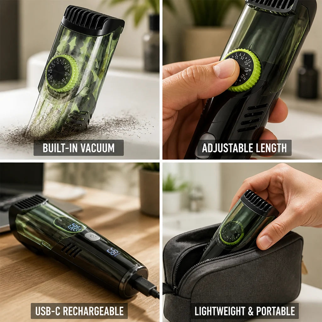 Integrated Vacuum USB-C Rechargeable Beard Trimmer (Adjustable Rotary Knob & 2 Combs)