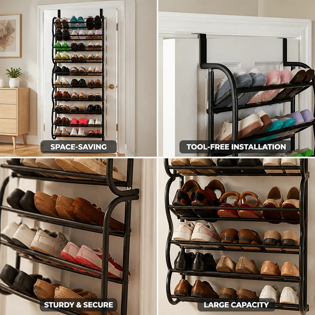 Space-saving, tool-free metal shoe rack for hanging on the door